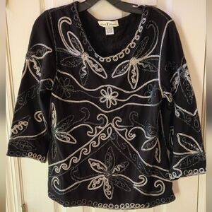Once Again Black, Silver and White Floral Embroidered Blouse - Size Large